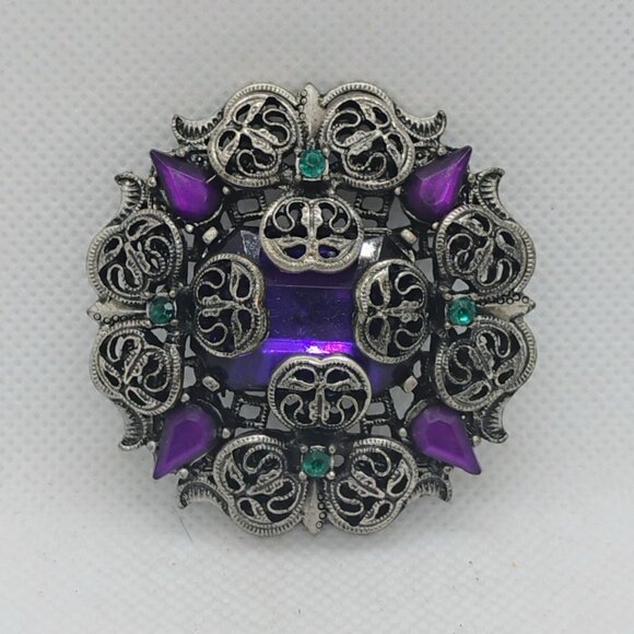 Victorian Revival Purple Green Glass Rhinestone Silver Tone Filigree Brooch - Picture 2 of 4